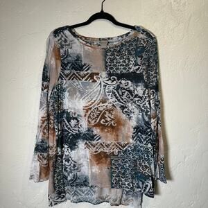 Chico's Size 2 Large 3/4 Sleeve Tee Shirt Print Neutrals Layering Piping
